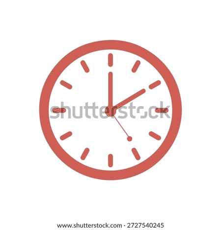 Red analog clock face with bold hands and markers on a clean white background isolated minimalist illustration