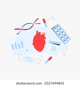 Red anatomical heart surrounded by medical objects in flat vector illustration symbolizing cardiology, heart health, and healthcare, isolated on white background.