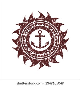 Red anchor icon inside distressed rubber grunge texture stamp