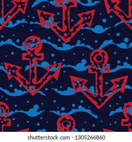 Red anchors with blue waves, a seamless pattern on the dark blue background. Minimalistic dotted textile design. Marine vector drawing repeat pattern. Endless nautical wallpaper. 