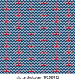 red anchors on blue chevron stripes seamless nautical pattern vector illustration