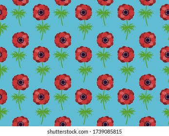 Red anemone seamless pattern wallpaper. Wildflower on vivid blue background. Flat design botanical illustration.