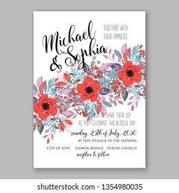 Red Anemone wedding invitation floral card template vector ranunculus rose