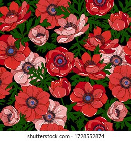 Red anemones and green leaves, seamless vector pattern