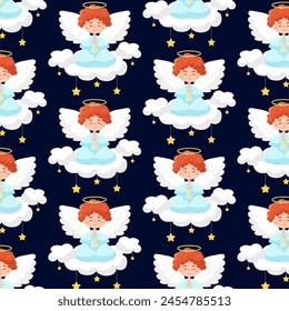 Red angel on a cloud. Cute angel in flat style. Patern with a cute angel on a cloud and stars. Pattern for textile, wrapping paper, background.	