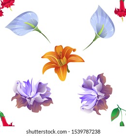 Red Angel Trumpet. Blue Anthurium Tailflower. Violet Clematis. Orange Daylily. Vector illustration. Seamless background pattern. Floral botanical flower. Wild leaf wildflower isolated. Exotic.
