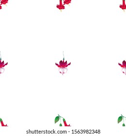 Red Angel Trumpet. Red Fuchsia. Vector illustration. Seamless background pattern. Floral botanical flower. Wild leaf wildflower isolated. Exotic tropical hawaiian jungle. Fabric wallpaper print.
