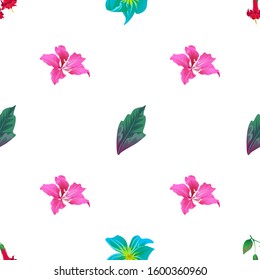 Red Angel Trumpet. Green Plumeria. Green Dracaena. Pink Bauhinia Purpurea. Vector illustration. Seamless background pattern. Floral botanical flower. Wild leaf wildflower isolated. Exotic tropical.