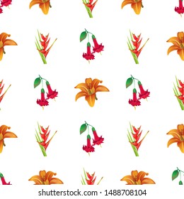 Red Angel Trumpet. Orange Daylily. Red Heliconia Bihai. Vector illustration. Seamless background pattern. Floral botanical flower. Wild leaf wildflower isolated. Exotic tropical hawaiian jungle.