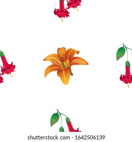 Red Angel Trumpet. Orange Daylily. Vector illustration. Seamless background pattern. Floral botanical flower. Wild leaf wildflower isolated. Exotic tropical hawaiian jungle. Fabric wallpaper print.