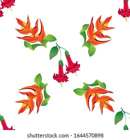 Red Angel Trumpet. Orange Heliconia. Vector illustration. Seamless background pattern. Floral botanical flower. Wild leaf wildflower isolated. Exotic tropical hawaiian jungle. Fabric wallpaper print.