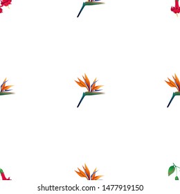 Red Angel Trumpet. Orange Strelitzia Reginae. Vector illustration. Seamless background pattern. Floral botanical flower. Wild leaf wildflower isolated. Exotic tropical hawaiian jungle. Fabric.