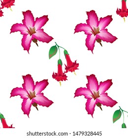 Red Angel Trumpet. Pink Adenium. Vector illustration. Seamless background pattern. Floral botanical flower. Wild leaf wildflower isolated. Exotic tropical hawaiian jungle. Fabric wallpaper print.