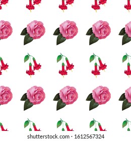 Red Angel Trumpet. Pink Balsam. Vector illustration. Seamless background pattern. Floral botanical flower. Wild leaf wildflower isolated. Exotic tropical hawaiian jungle. Fabric wallpaper print.