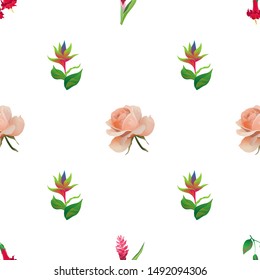 Red Angel Trumpet. Red and Pink Ginger. Pink Rose. Green bird of paradise. Vector illustration. Seamless background pattern. Floral botanical flower. Wild leaf wildflower isolated. Exotic tropical.