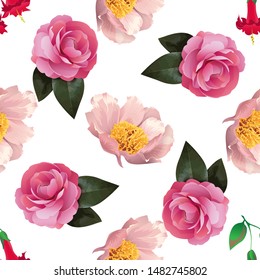 Red Angel Trumpet. Pink Peony. Pink Balsam. Vector illustration. Seamless background pattern. Floral botanical flower. Wild leaf wildflower isolated. Exotic tropical hawaiian jungle. Fabric.