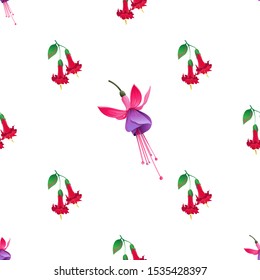 Red Angel Trumpet. Pink and Purple Fuchsia Bella. Vector illustration. Seamless background pattern. Floral botanical flower. Wild leaf wildflower isolated. Exotic tropical hawaiian jungle. Fabric.