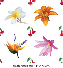 Red Angel Trumpet. Purple Hatiora. White Plumeria. Orange Daylily. Orange Strelitzia. Vector illustration. Seamless background pattern. Floral botanical flower. Wild leaf wildflower isolated. Exotic.