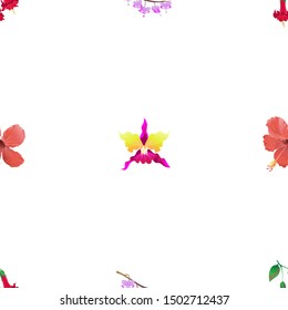Red Angel Trumpet. Purple Komakusa. Red Hibiscus. Pink Orchid. Vector illustration. Seamless background pattern. Floral botanical flower. Wild leaf wildflower isolated. Exotic tropical hawaiian.