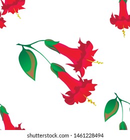 Red Angel Trumpet. Vector illustration. Seamless background pattern. Floral botanical flower. Wild leaf wildflower isolated. Exotic tropical hawaiian jungle. Fabric wallpaper print texture.