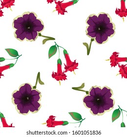Red Angel Trumpet. Violet Petunia. Vector illustration. Seamless background pattern. Floral botanical flower. Wild leaf wildflower isolated. Exotic tropical hawaiian jungle. Fabric wallpaper print.
