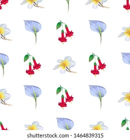 Red Angel Trumpet. White Plumeria. Blue Anthurium Tailflower. Vector illustration. Seamless background pattern. Floral botanical flower. Wild leaf wildflower isolated. Exotic tropical hawaiian.