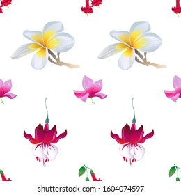 Red Angel Trumpet. White Plumeria. Red Fuchsia. Pink Magnolia. Vector illustration. Seamless background pattern. Floral botanical flower. Wild leaf wildflower isolated. Exotic tropical hawaiian.