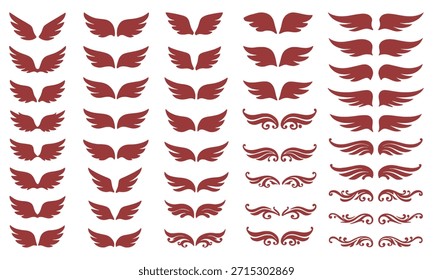Conjunto de Vector de alas de ángel rojo: siluetas de alas decorativas y florituras ornamentales.
