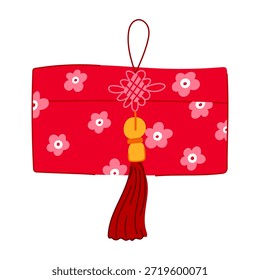 Sobre de angpao rojo con un patrón floral vibrante, un nudo tradicional auspicioso y una borla decorativa, que simboliza la buena fortuna y los regalos durante las celebraciones festivas chinas