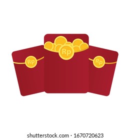 Red Angpao with Gold Rupiah Coins Vector Illustration