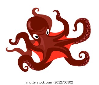 red angry attacking octopus with tentacles, deep water creature, sea devil, color vector illustration isolated on a white background in cartoon style and flat design