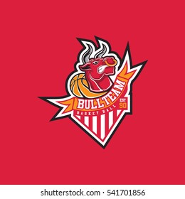 Red Angry Bull and Basket Ball Team Logo Vector Illustration