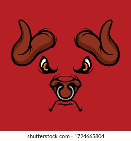 Red angry bull face. Animal face vector concept. Illustration isolated on red background