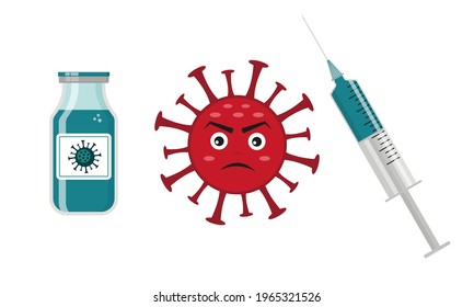 Red angry coronavirus, vaccine bottle and syringe. Vaccination conception. Isolated flat vector illustration.