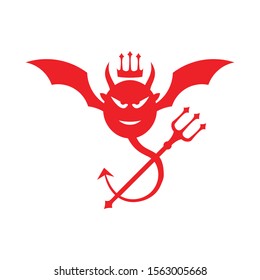 red angry devil head with bat wing and trident fork vector logo design template