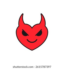 Red angry and evil heart with face and devil horns. Vector cartoon illustration with character on white background.