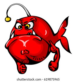 Red angry fish with tattoo on hand isolated on white background. Funny cartoon image in simple gradients for printed materials and backgrounds.