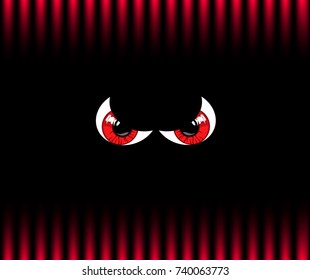 Red angry monster eyes on black and red gradation striped pattern background. Vector illustration, poster, banner.
