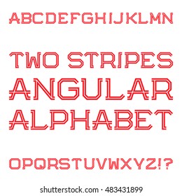 Red angular capital letters of two stripes. Fashion retro font. Isolated latin alphabet.