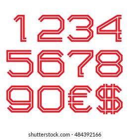 Red angular capital numbers, euro and dollar sign of two stripes. Fashion retro font. Isolated figures.