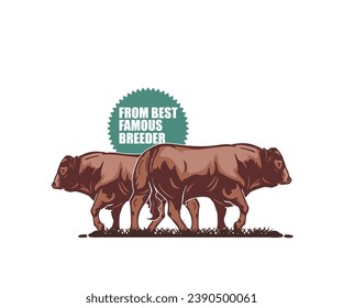RED ANGUS CATTLE STANDING IN FARM LOGO, silhouette of great cow breeding company vector illustrations