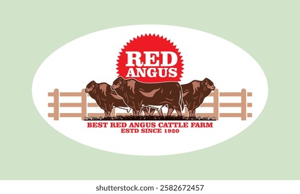 red angus cattle standing at farm poster, silhouette of big and strong cow vector illustrations