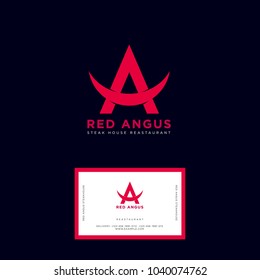 Red Angus logo. Steak house emblems. Angus beef steak restaurant. Beef meat icon. Red letter A with bull horns.