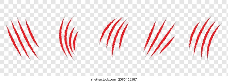 Red animal claw marks. Claw scratches isolated. Animal claw scratches. Red scratch trace icon. Set of red bloody animal claw marks isolated on white background. 