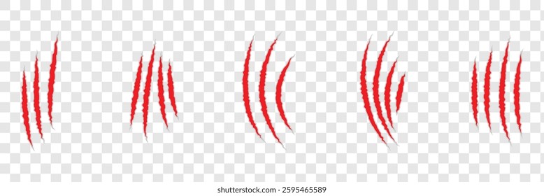 Red animal claw marks. Claw scratches isolated. Animal claw scratches. Red scratch trace icon. Set of red bloody animal claw marks isolated on white background. 