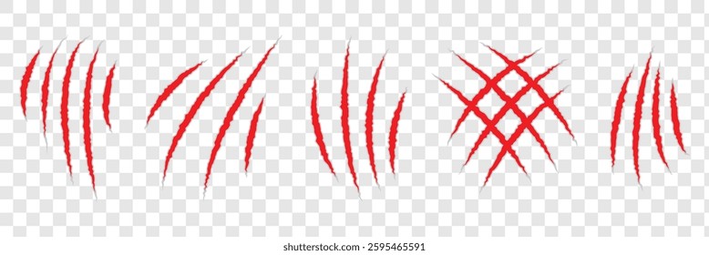 Red animal claw marks. Claw scratches isolated. Animal claw scratches. Red scratch trace icon. Set of red bloody animal claw marks isolated on white background. 