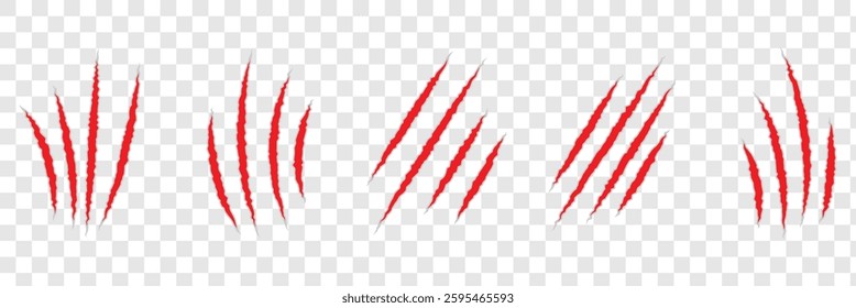 Red animal claw marks. Claw scratches isolated. Animal claw scratches. Red scratch trace icon. Set of red bloody animal claw marks isolated on white background. 