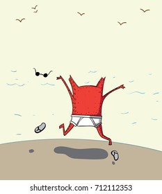 The red animal feels relaxed in her holiday season. He jumped Very happy to play the sea, and this is his life's reward