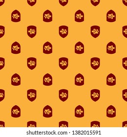Red Animal health insurance icon isolated seamless pattern on brown background. Pet protection icon. Dog or cat paw print. Vector Illustration