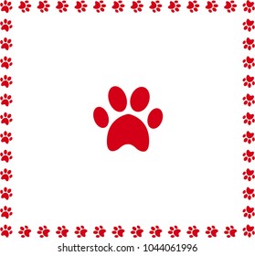 Red animal pawprint icon framed with paw prints square border isolated on white background.